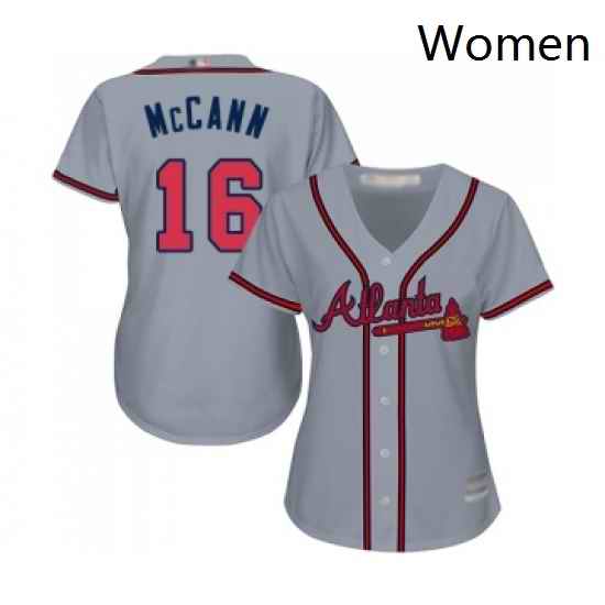 Womens Atlanta Braves 16 Brian McCann Replica Grey Road Cool Base Baseball Jersey